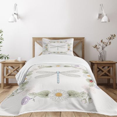 Ambesonne Dragonfly Bedspread Set, Vintage Retro Farm Life Inspired Moth Daisies Lilies Leaves Image, 3 Piece Decorative Bedding Coverlet and 2 Pillow Shams, Twin Size, Lilac Green