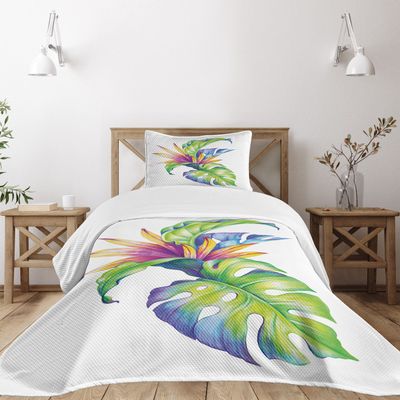 Ambesonne Plant Bedspread Set, Tropical Leaves and Monstera Abstract Color Scheme Hawaiian Floral Elements, 3 Piece Decorative Bedding Coverlet and 2 Pillow Shams, Twin Size, White Green