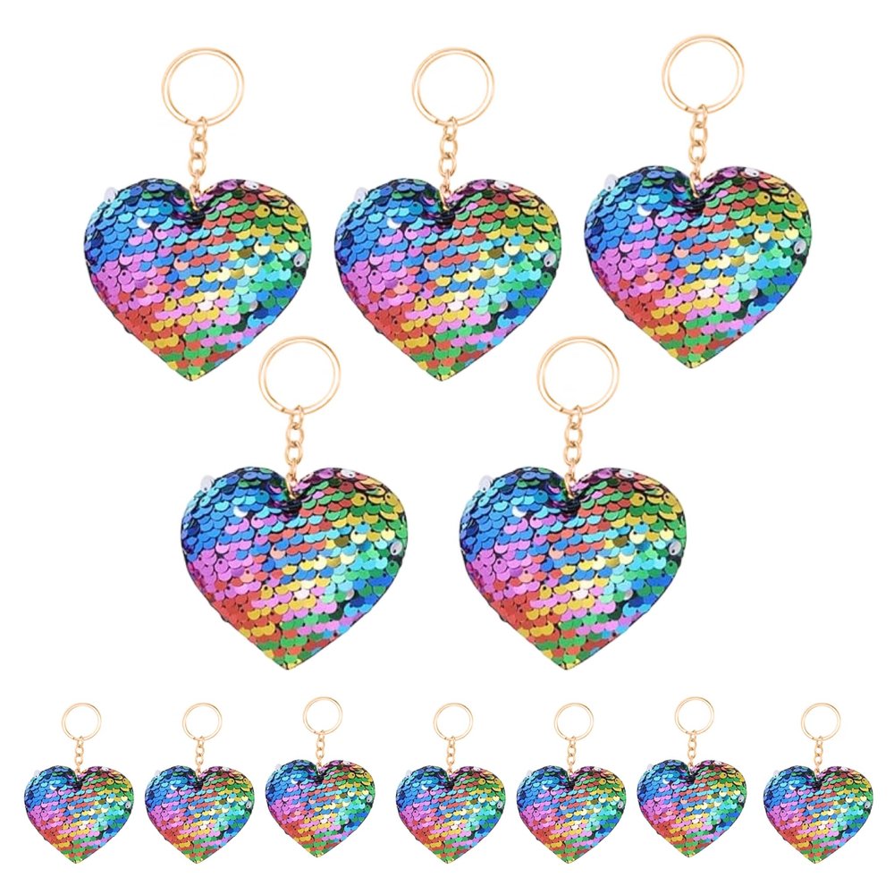 12 Pack Gliiter Heart Sequin Key Chain, Flip Sequins Key Ring Charm, Birthday, Wedding, Party Favors, Gifts