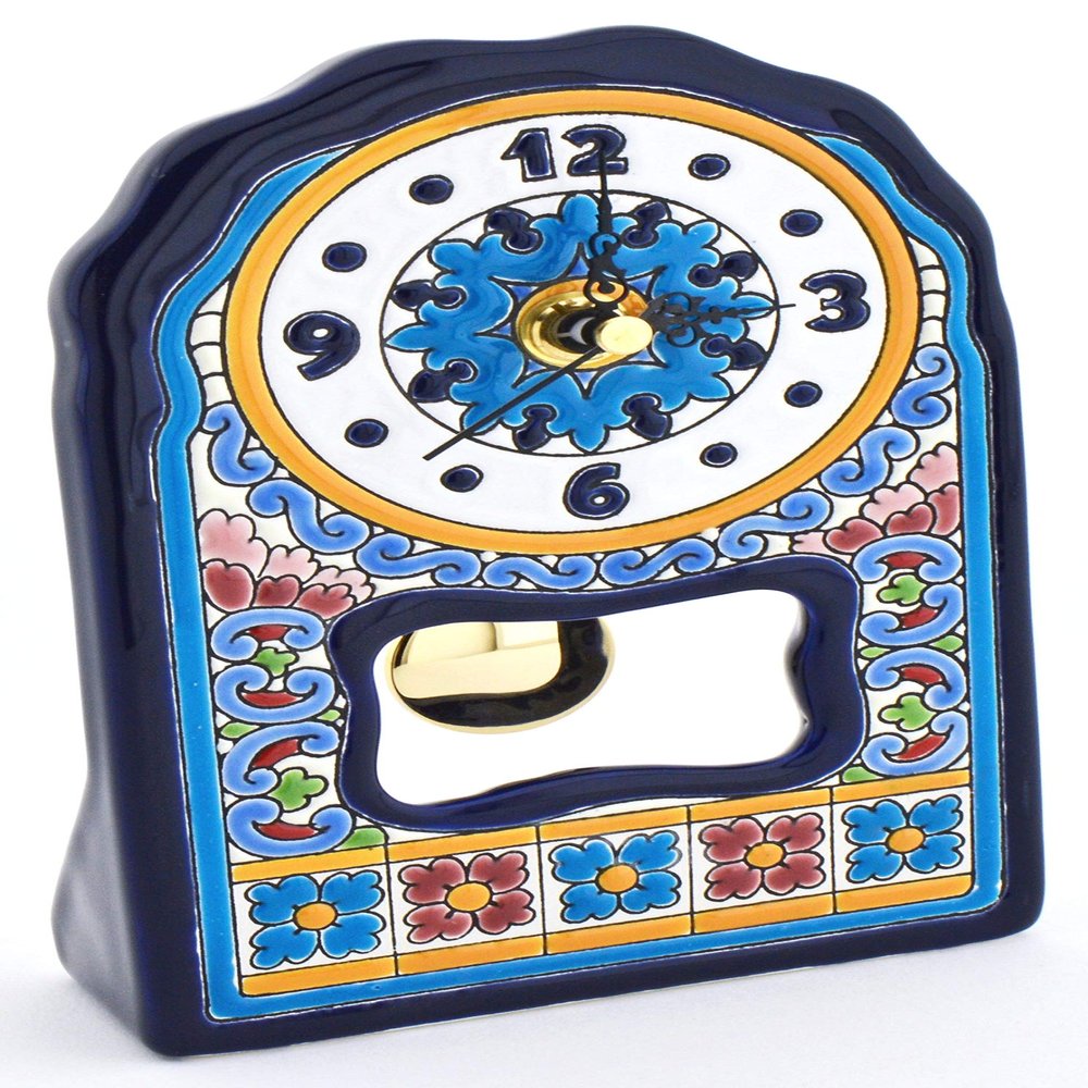 ART ESCUDELLERS Clock/Wall Clock Model 02, Decorative Ceramic Clock for Hanging Handpainted with The Dry Rope (cuerda seca) Technique Blue. 4,53" x 7,28" x 1,57"