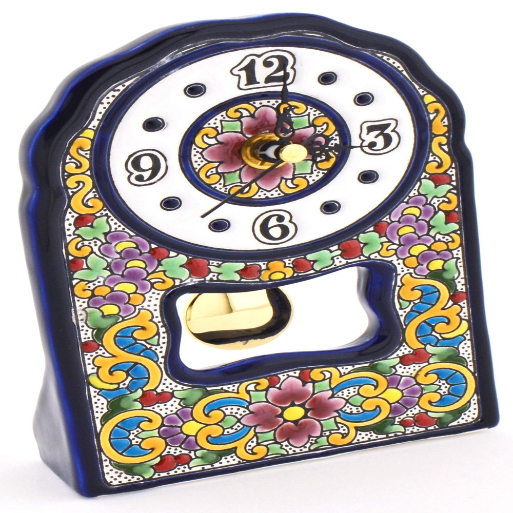 ART ESCUDELLERS Clock/Wall Clock Model 03, Decorative Ceramic Clock for Hanging Handpainted with The Dry Rope (cuerda seca) Technique Blue. 4,53" x 7,28" x 1,57"