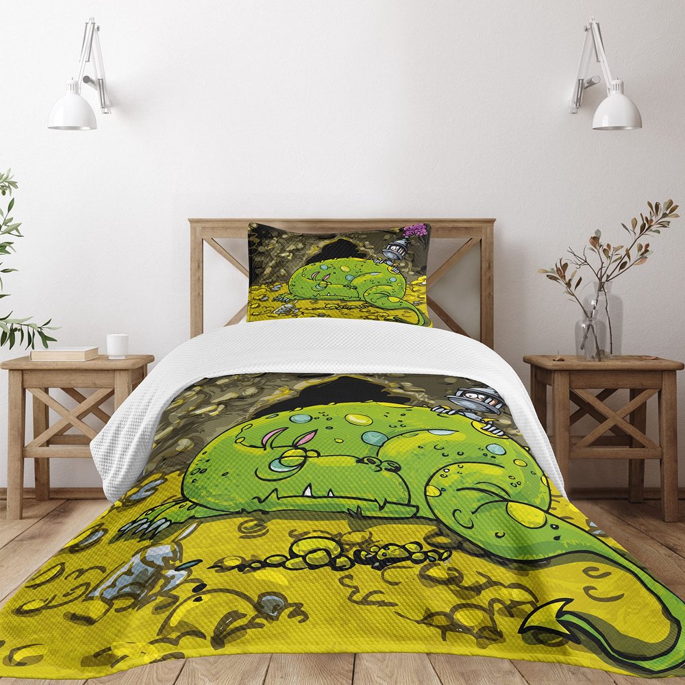 Ambesonne Dragon Bedspread Set, Creature Sleeping on a Pile of Gold and Scared Knight Peering Over Cartoon, 3 Piece Decorative Bedding Coverlet and 2 Pillow Shams, Twin Size, Charcoal Black