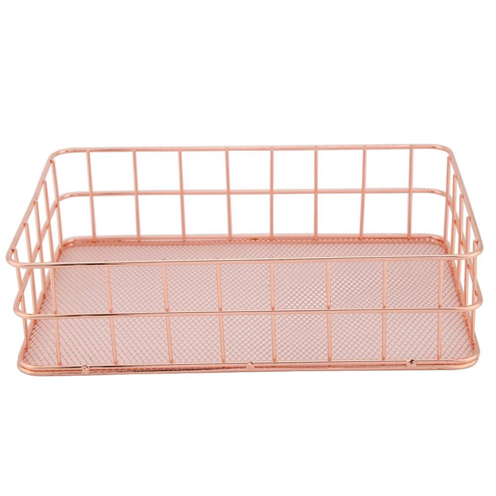 Fdit Makeup Storage Basket Organizer Rose Gold Iron Storage Holder Desktop Decor Household Woman Girl Lady(D)