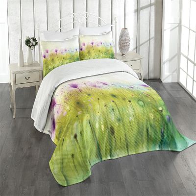 Ambesonne Watercolor Bedspread Set, Abstract Blurred View of Purple Cosmos Flowers Blooming Meadow, 3 Piece Decorative Bedding Coverlet and 2 Pillow Shams, Queen Size, Purple Apple Green White