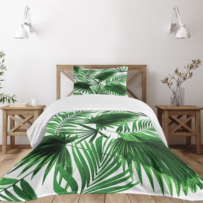 Ambesonne Palm Leaf Bedspread Set, Realistic Vivid Leaves of Palm Tree Growth Ecology Botany Themed Print, 3 Piece Decorative Bedding Coverlet and 2 Pillow Shams, Twin Size, Fern Green White