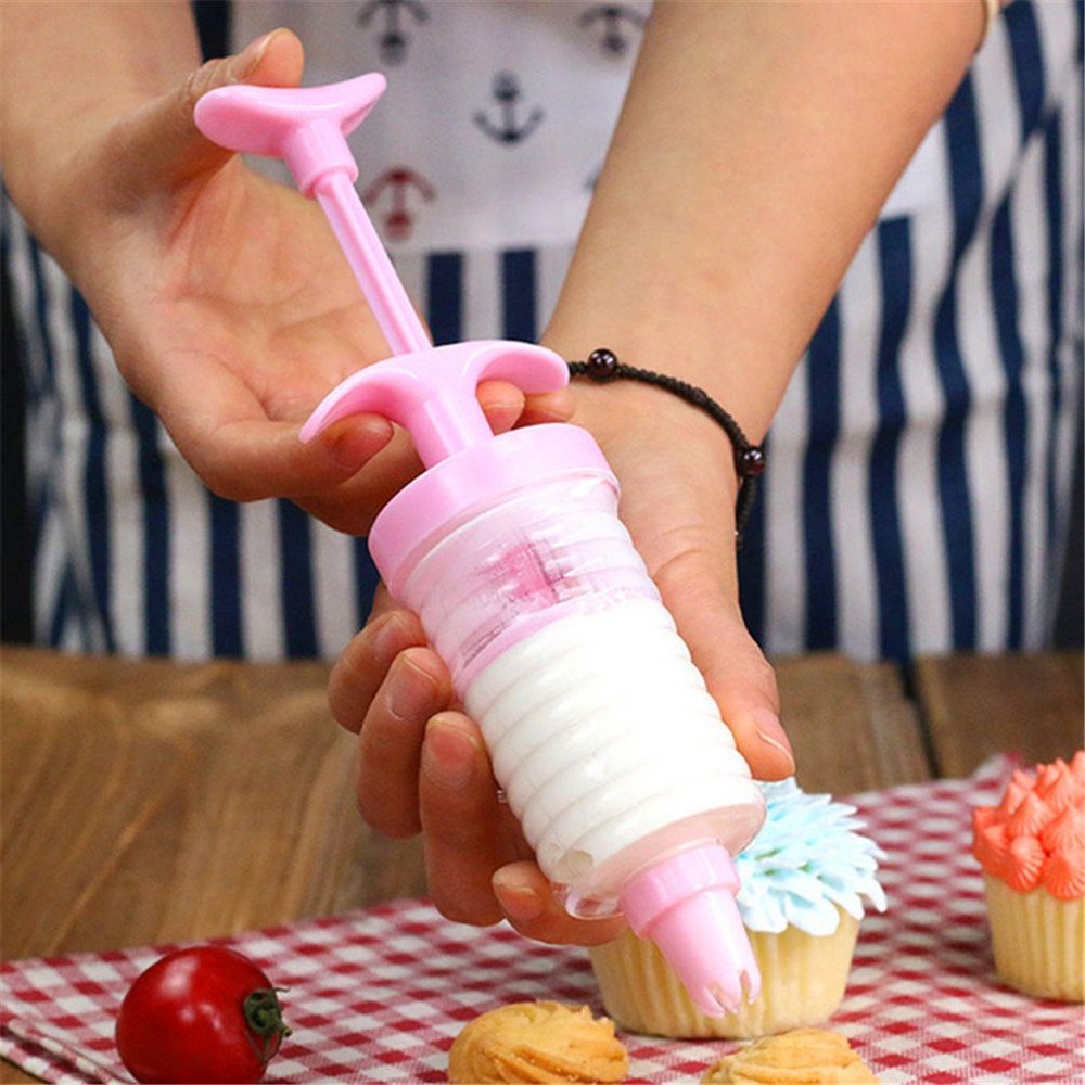 Sisileeda 8-Piece Plastic Pink Round Cake Piping Tip Set - Icing Piping Syringe Gun - Cake Decorating Tool Set