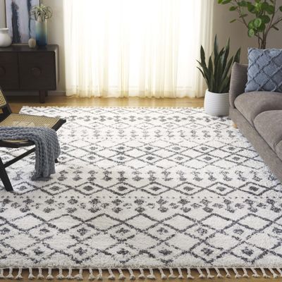 SAFAVIEH Area Rug 8x10 - Berber Fringe Shag Collection - Large - Cream & Dark Grey, Moroccan Design, Non-Shedding & Easy Cleaning, Thick Pile, Ideal for Living Room, Bedroom, Dining Space (BFG516A)