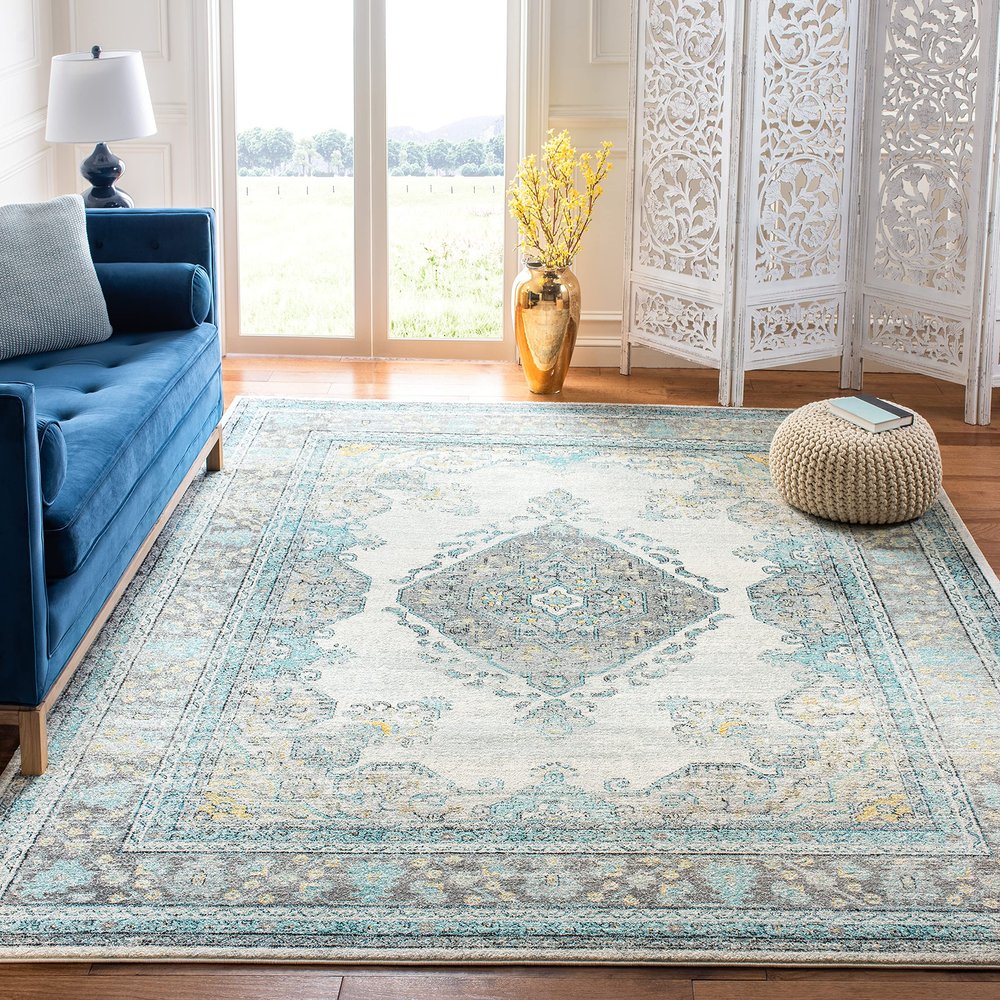 SAFAVIEH Area Rug 8x10 - Evoke Collection - Large - Grey & Blue, Oriental Medallion Distressed Non-Shedding & Easy Cleaning, Ideal for Living Room, Bedroom, Office, Dining Space (EVK250F)