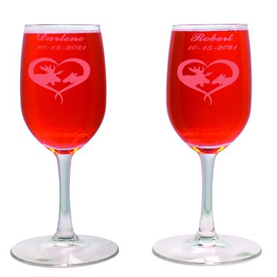Aaron's Etching 2 Personalized Etched Moose Couple Heart 8oz Glass Toasting Champagne Wedding or Anniversary Flute Glasses