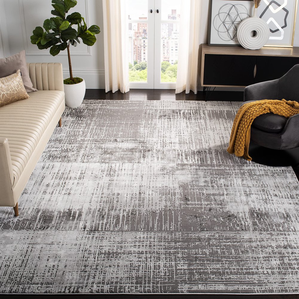 SAFAVIEH Craft Collection Area Rug - 6'7" Square, Grey & Dark Grey, Modern Abstract Design, Non-Shedding & Easy Care, Ideal for High Traffic Areas in Living Room, Bedroom (CFT874H)