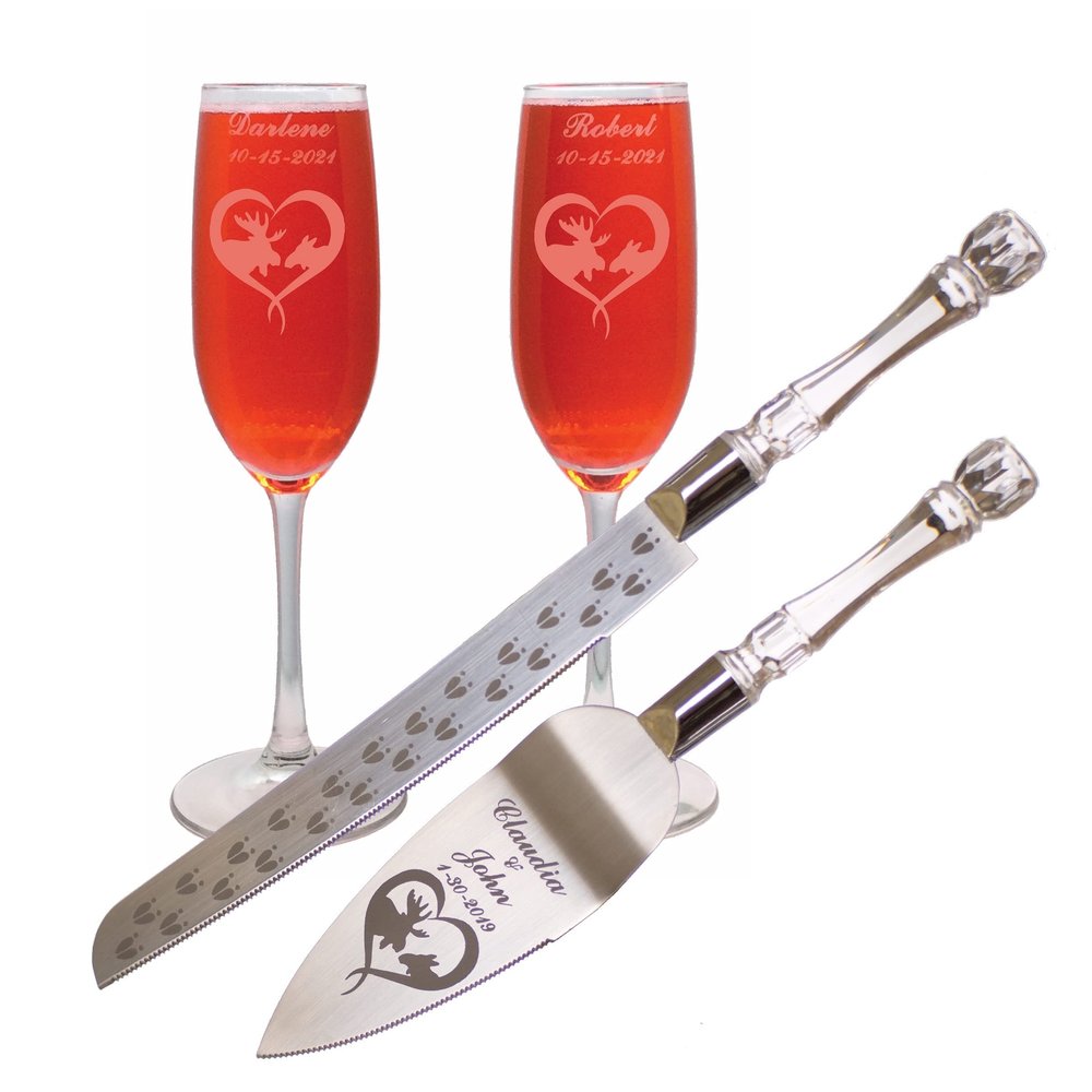 Aaron's Etching Stainless steel and glass Moose Heart Engraved Wedding Cake Knife Set & Champagne glasses with Names and Date