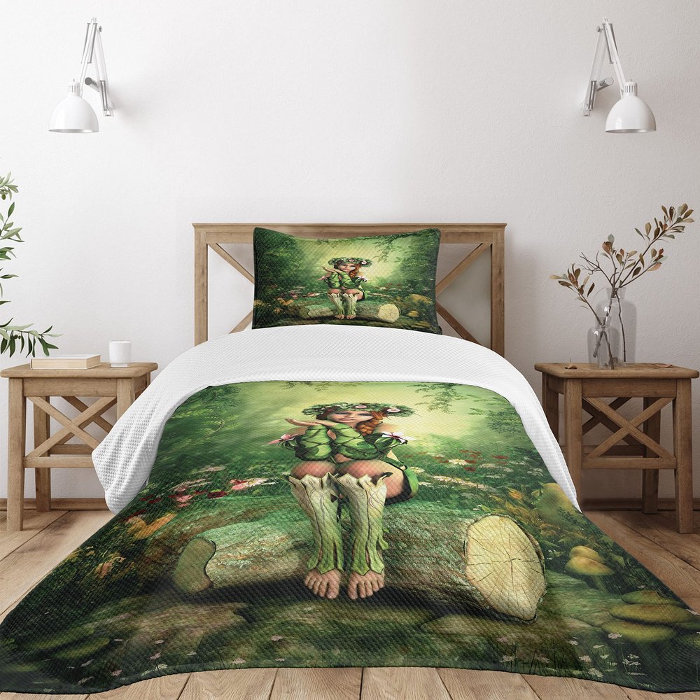 Ambesonne Tale Bedspread Set, Computer Art Elf Girl Wreath Her Head Sitting on a Tree Stump, 3 Piece Decorative Bedding Coverlet and 2 Pillow Shams, Twin Size, Green Beige Pink
