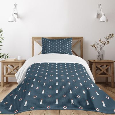Ambesonne Lighthouse Bedspread Set, Nautical Pattern Life and Marine Architecture Navigation Print, 3 Piece Decorative Bedding Coverlet and 2 Pillow Shams, Twin Size, Dark Sky Blue White and Ruby