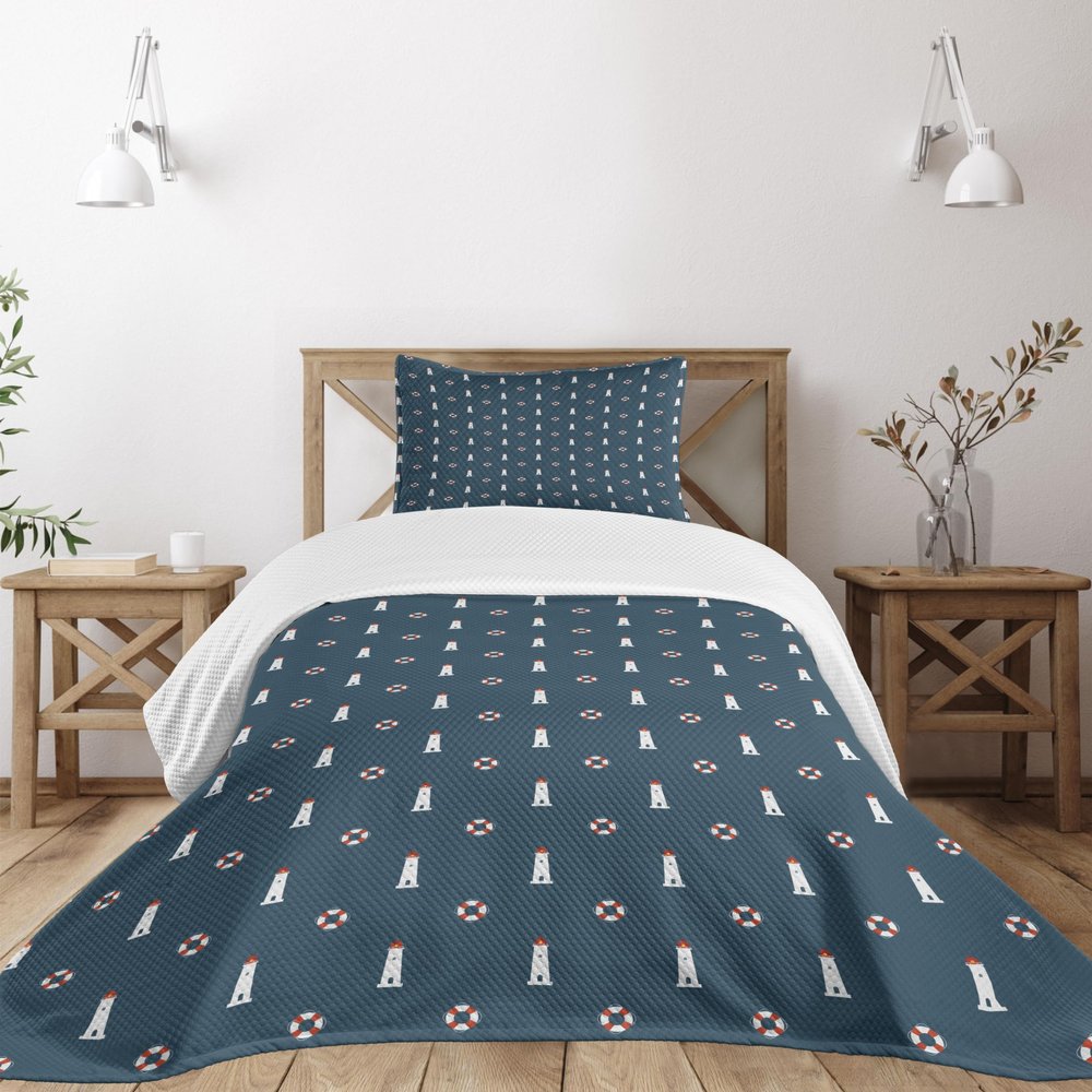 Ambesonne Lighthouse Bedspread Set, Nautical Pattern Life and Marine Architecture Navigation Print, 3 Piece Decorative Bedding Coverlet and 2 Pillow Shams, Twin Size, Dark Sky Blue White and Ruby