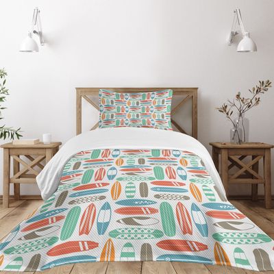 Ambesonne Surfboard Bedspread Set, Colorful Surfing Sea Pattern Summer Travel Illustration in Retro Colors, 3 Piece Decorative Bedding Coverlet and 2 Pillow Shams, Twin Size, Coral Orange