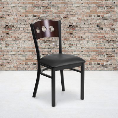 EMMA + OLIVER Black 3 Circle Back Metal Dining Chair/Walnut Back, Black Seat