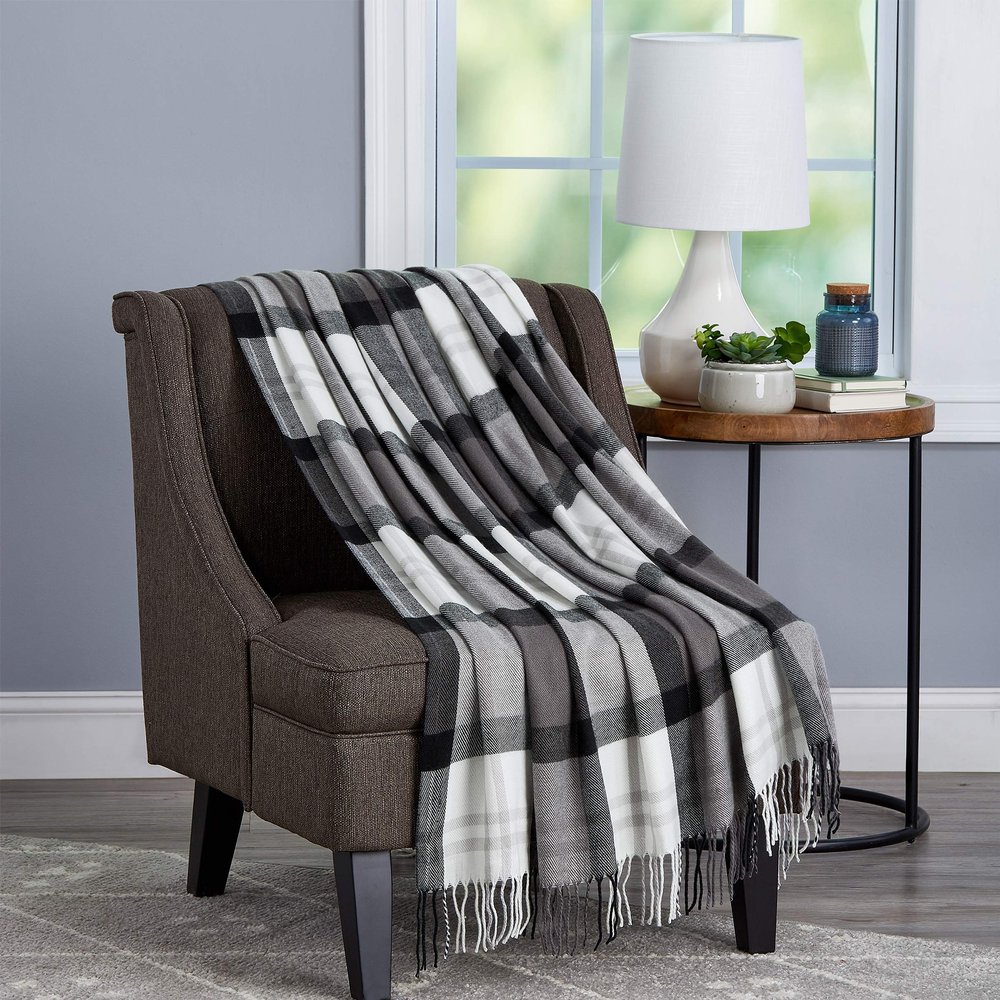 Acrylic Throw ? Oversized Vintage Look Woven Acrylic Faux Cashmere-Feel Plaid Throw ? Breathable and Machine Washable by BH (Phantom Plaid)