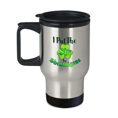 BeeTeeStore Shamrock Travel Mug I Put The She In Shenanigans - 14oz Insulated Stainless Steel Coffee Cup with Handle - Irish Heritage Gift for Women & Travelers