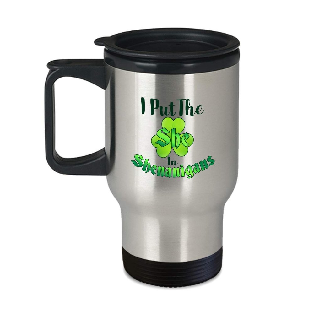 BeeTeeStore Shamrock Travel Mug I Put The She In Shenanigans - 14oz Insulated Stainless Steel Coffee Cup with Handle - Irish Heritage Gift for Women & Travelers