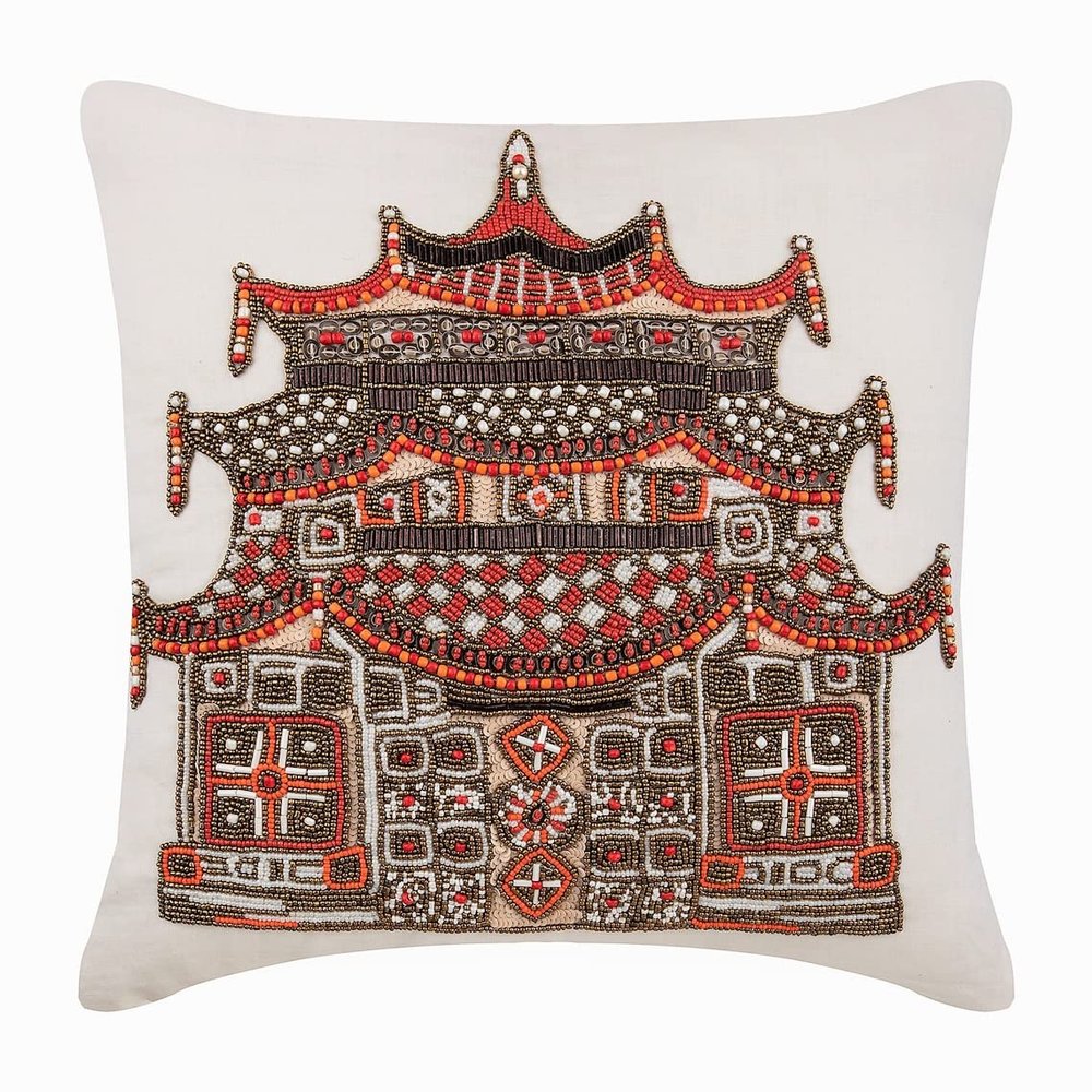 The HomeCentric Decorative Throw Pillow Cover Accent Couch Sofa Bed Pillow Case 14x14 inch (35x35 cm) Ivory Linen Pillow Cover Bead Embroidered, Ivory Pillow Cover, Contemporary, Oriental - Swadika