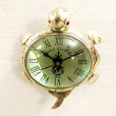 Antique Maritime Tortoise Style Shiny Brass Finish Globe Desk Clock Wall Hanging Office Decor