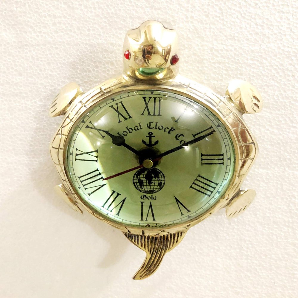 Antique Maritime Tortoise Style Shiny Brass Finish Globe Desk Clock Wall Hanging Office Decor