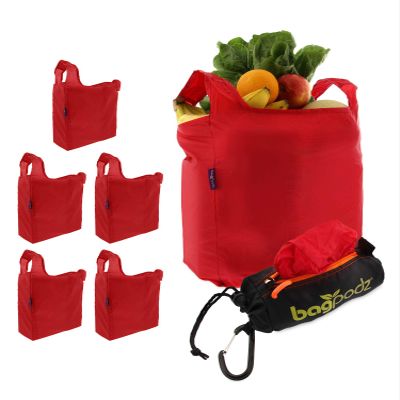 BagPodz Sturdy Reusable Grocery Bags Foldable and Washable - Made From RipStop Nylon Hold 50lbs - Designed in USA Reusable Shopping Bags Inside a Compact Pod with Carry Clip - 5 Pack in Red