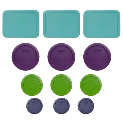 Pyrex Bundle - 12 Items: (3) 7210-PC 3-Cup Turquoise Lids, (3) 7201-PC 4-Cup Purple Lids, (3) 7200-PC 2-Cup Lawn Green Lids, (3) 7202-PC 1-Cup Dark Blue Lids Made in the USA