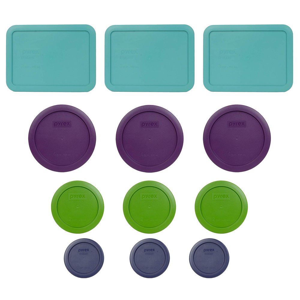 Pyrex Bundle - 12 Items: (3) 7210-PC 3-Cup Turquoise Lids, (3) 7201-PC 4-Cup Purple Lids, (3) 7200-PC 2-Cup Lawn Green Lids, (3) 7202-PC 1-Cup Dark Blue Lids Made in the USA