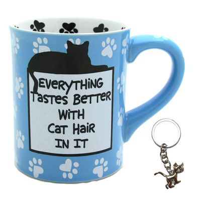 Enesco Everything Taste Better with Cat Hair In It 16oz Coffee Mug & Keychain Bundle Set, Cat Mom Dad, Cat Lovers