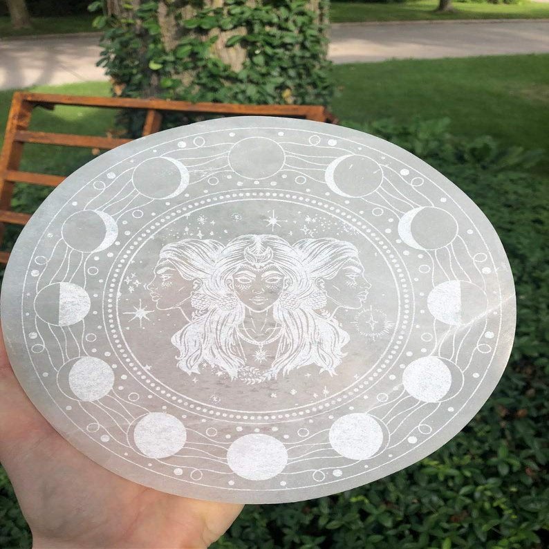 CrystalsAhoy Ethically Mined 6" Selenite Charging Plate, Hecate Goddess Charging Station, Etched in Appleton, WI USA