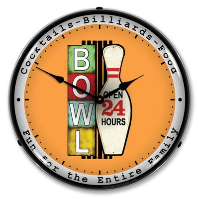Bowling Open 24 Hours LED Wall Clock, Retro/Vintage, Lighted, 14 inch