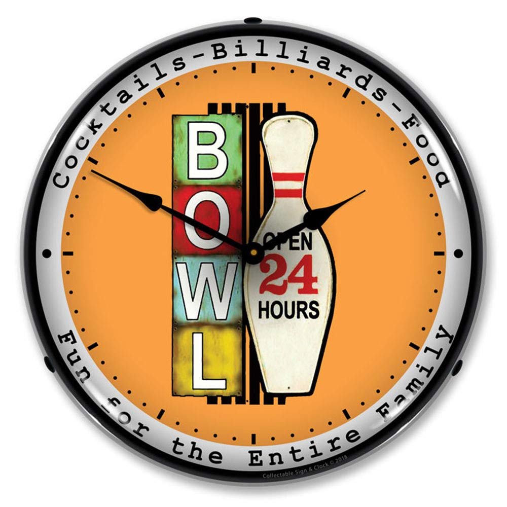 Bowling Open 24 Hours LED Wall Clock, Retro/Vintage, Lighted, 14 inch