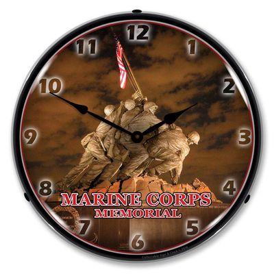 Marine Corps Memorial, Iwo Jima LED Wall Clock, Retro/Vintage, Lighted, 14 inch