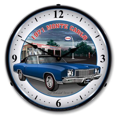 1971 Monte Carlo at Esso Garage Blue LED Wall Clock, Retro/Vintage, Lighted, 14 inch