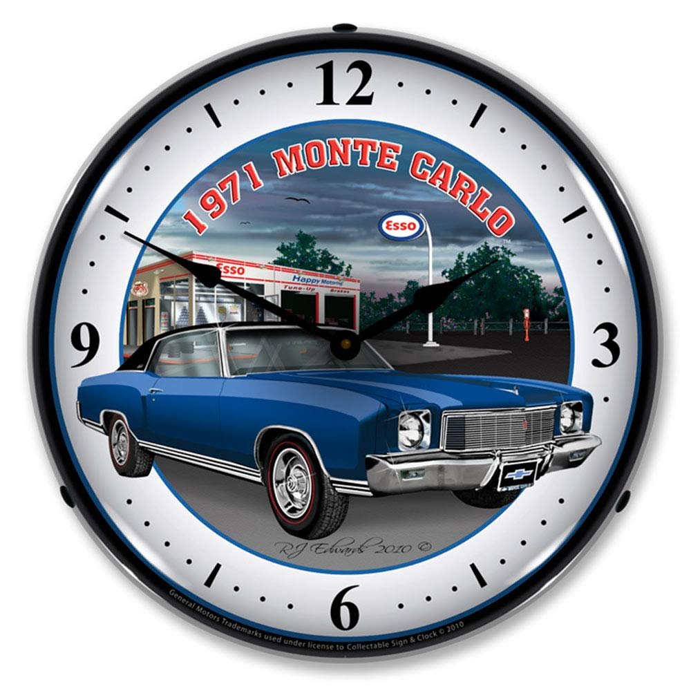 1971 Monte Carlo at Esso Garage Blue LED Wall Clock, Retro/Vintage, Lighted, 14 inch