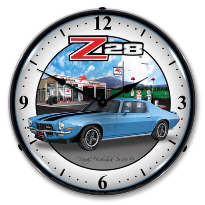 1970 Z28 Camaro at Mobilgas Station LED Wall Clock, Retro/Vintage, Lighted, 14 inch