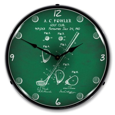 1910 Golf Club Patent LED Wall Clock, Retro/Vintage, Lighted, 14 inch