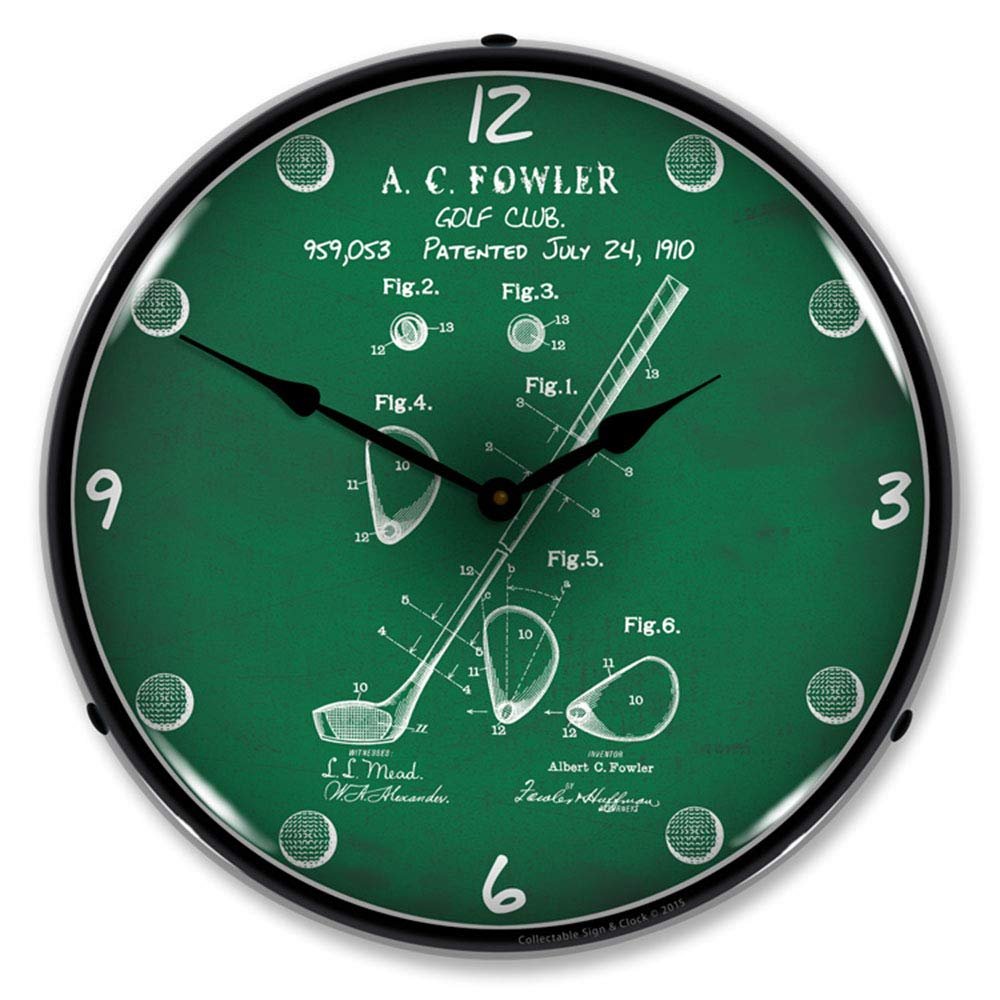 1910 Golf Club Patent LED Wall Clock, Retro/Vintage, Lighted, 14 inch