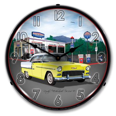 1955 Bel Air at Mitch's Garage Station LED Wall Clock, Retro/Vintage, Lighted, 14 inch