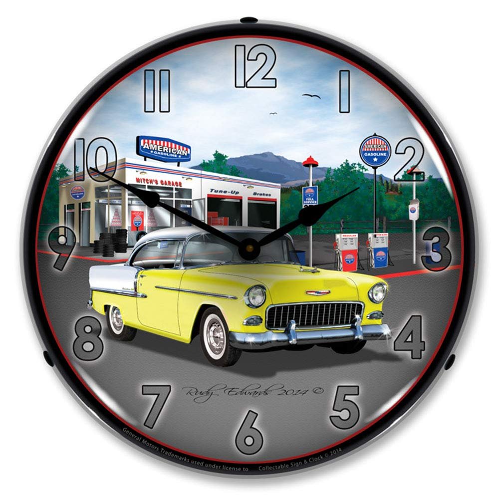 1955 Bel Air at Mitch's Garage Station LED Wall Clock, Retro/Vintage, Lighted, 14 inch
