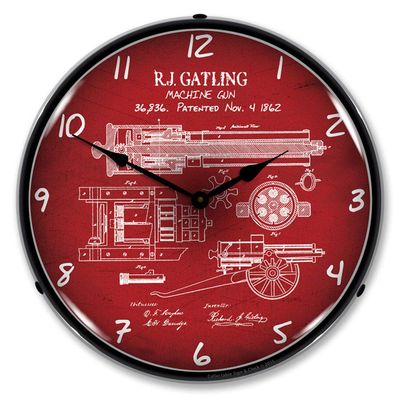Gatling Gun Patent LED Wall Clock, Retro/Vintage, Lighted, 14 inch