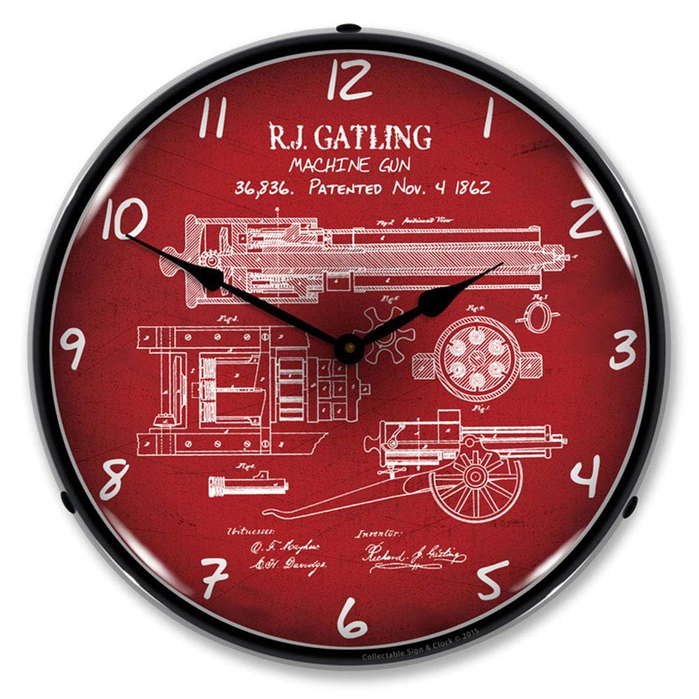 Gatling Gun Patent LED Wall Clock, Retro/Vintage, Lighted, 14 inch