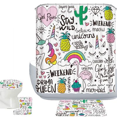Amagical 4PCS Funny Unicorn Ice Cream Pineapple Cherry White Shower Curtain Set with Bathroom Mat Set Decor, Bath Mat Contour Mat Toilet Cover Shower Curtain