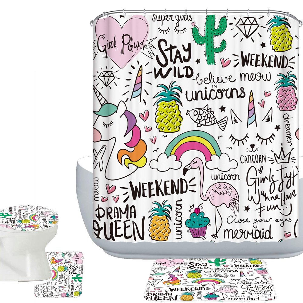 Amagical 4PCS Funny Unicorn Ice Cream Pineapple Cherry White Shower Curtain Set with Bathroom Mat Set Decor, Bath Mat Contour Mat Toilet Cover Shower Curtain