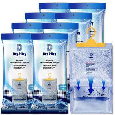 Dry & Dry Premium Moisture Absorbers Dehumidifiers for Home, Basement, Bedroom, Small Dehumidifiers - Blue & White (8 Pack) 14 ounce