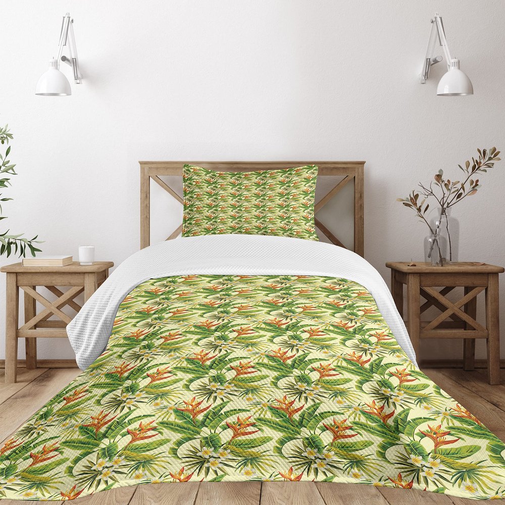 Ambesonne Tropical Bedspread Set, Exotic Plumeria Flowers and Palm Tree Leaves on Cream Background Hawaiian Flora, 3 Piece Decorative Bedding Coverlet and 2 Pillow Shams, Twin Size, Orange Green