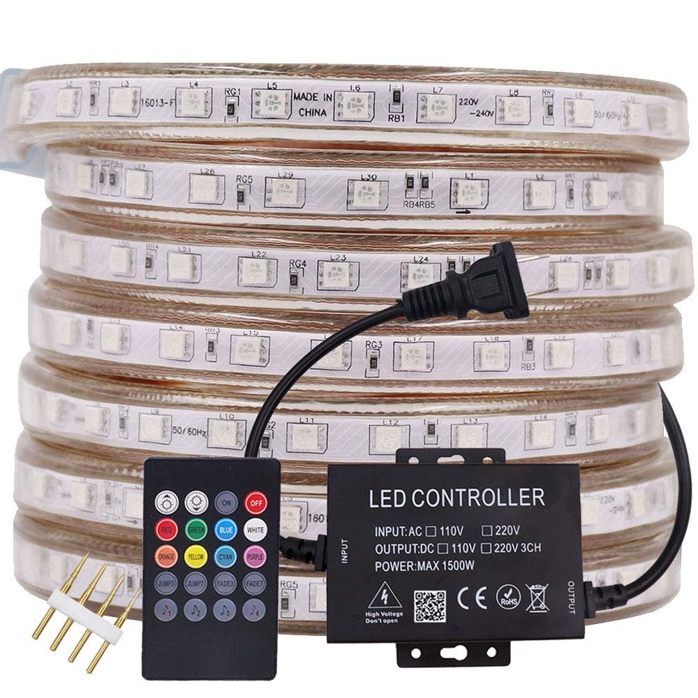 XUNATA LED Strip Lights, Bluetooth Control RGB AC 110-120V SMD 5050 60 LEDs/m Waterproof Rope Light Strip with 20Key IR Remote, Work with iOS & Android Music Time Control System (328ft/100m)