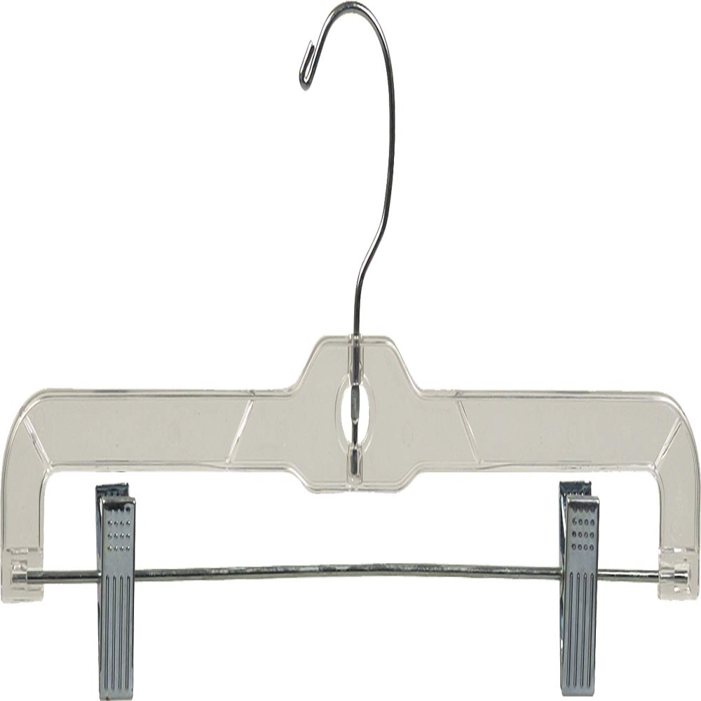 14 Inch Clear Plastic Pant Hanger with Adjustable Cushion Clips, (Box of 25) Skirt Hangers with Polished Chrome Swivel Hook