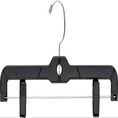 14 Inch Black Plastic Pant Hanger with Adjustable Cushion Clips, (Box of 25) Skirt Hangers with Polished Chrome Swivel Hook
